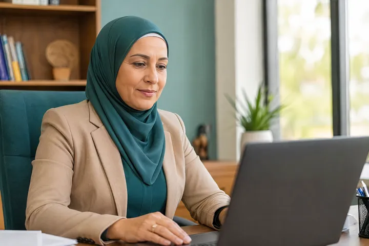 Directrice d'école sereine consultant son tableau de bord