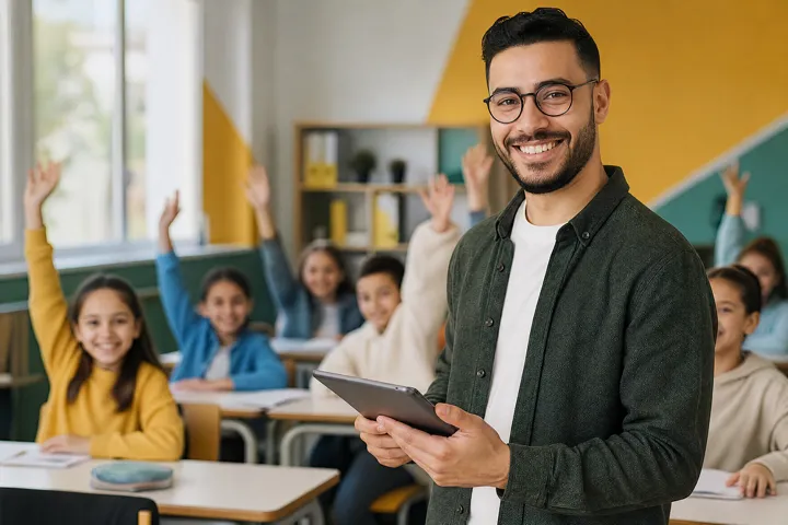Enseignant souriant avec sa tablette devant sa classe